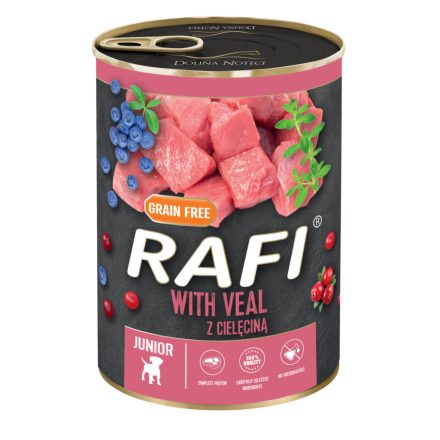 RAFI Junior kutya pástétom borjú, vörös- és kék áfonyával konzerv 400g