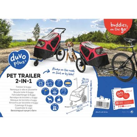 DUVO+ Pet trailer 2-in-1 Kerékpár utánfutó és sétakocsi háziállatok számára 30 kg-ig - Fekete/piros 123x62x96cm